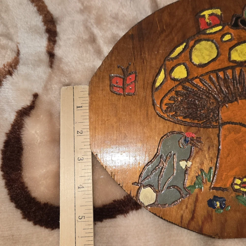 Vintage Hand Made Wooden Plaque with Mushroom and Animals Design - Picture 8 of 10